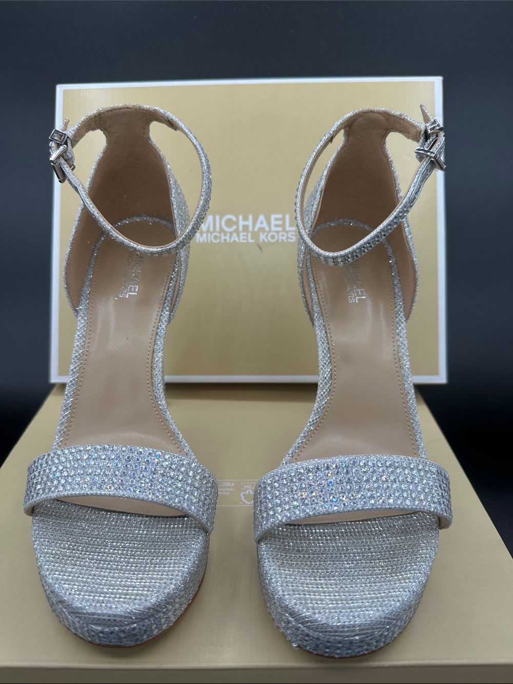 NIB Michael Kors Jordyn Silver Crystal Ankle-Strap Platform sandal Heels